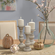 Load image into Gallery viewer, Turned Design Wooden Candle Holder with Distressed Details; Set of 3; White
